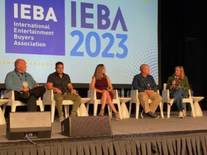 Michael Marion, CVE, Simmons Bank Arena, North Little Rock, Ark., moderates a panel on Tertiary (AKA Secondary) Markets at IEBA, with, continuing from left, Charlie Goldstone, FPC Live; Nicole Klein, BJCC; Brian Sipe, Rupp Arena, Lexington, Ky.; and Jackie Morse, ASM Grand Rapids.