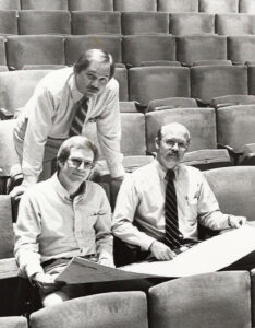 Steve Martin, left, at the opening of Pikes Peak Center, Colorado Springs, Colo., in 1982, with Kirk Metzger, CVE, and Richard Cotton.