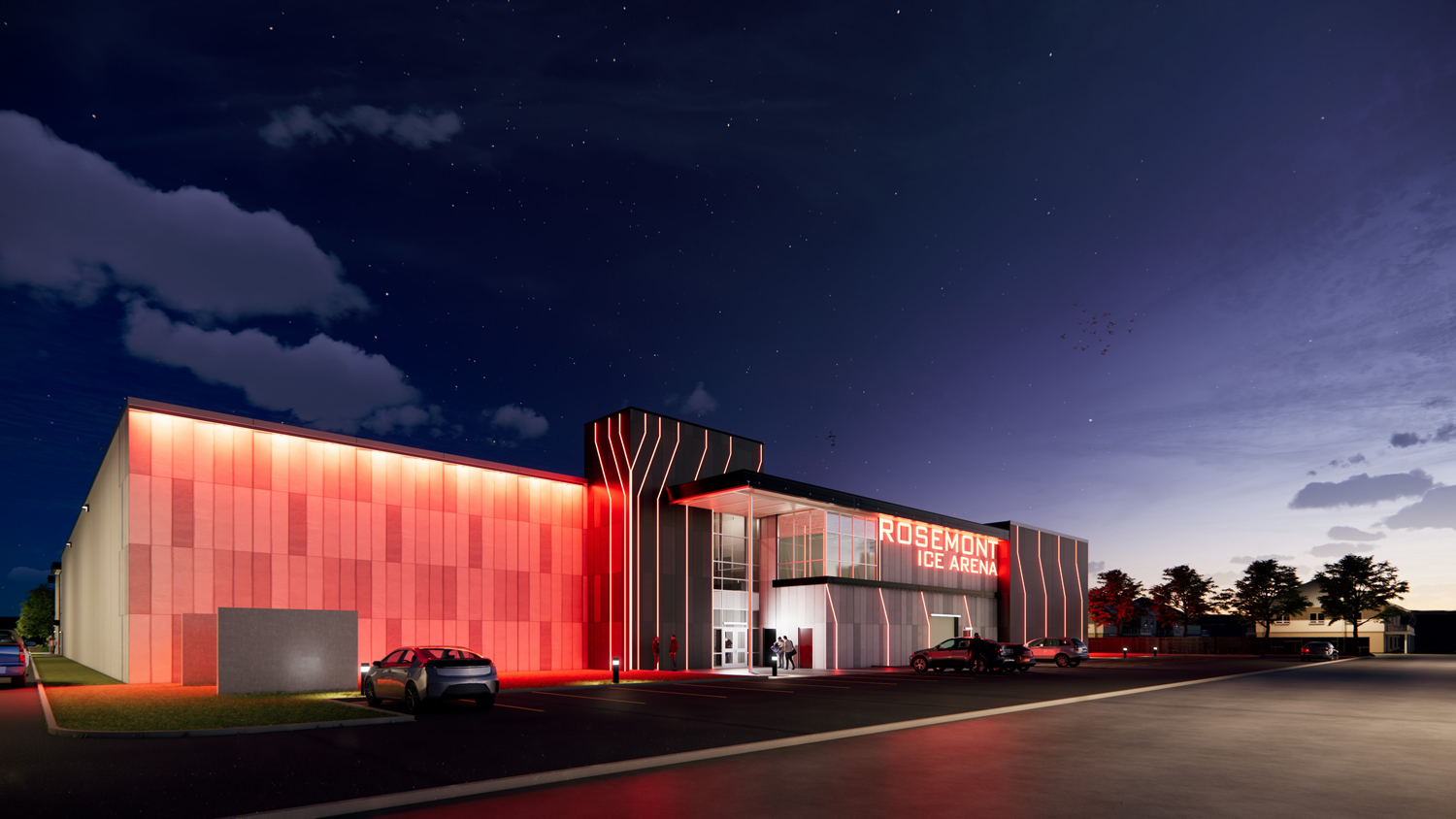 Energetic red and black hues accent the new Rosemont ice rink’s metal panel exterior.