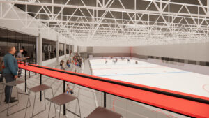 The rink’s mezzanine-level includes a restaurant and a viewing area overlooking the two ice rinks.