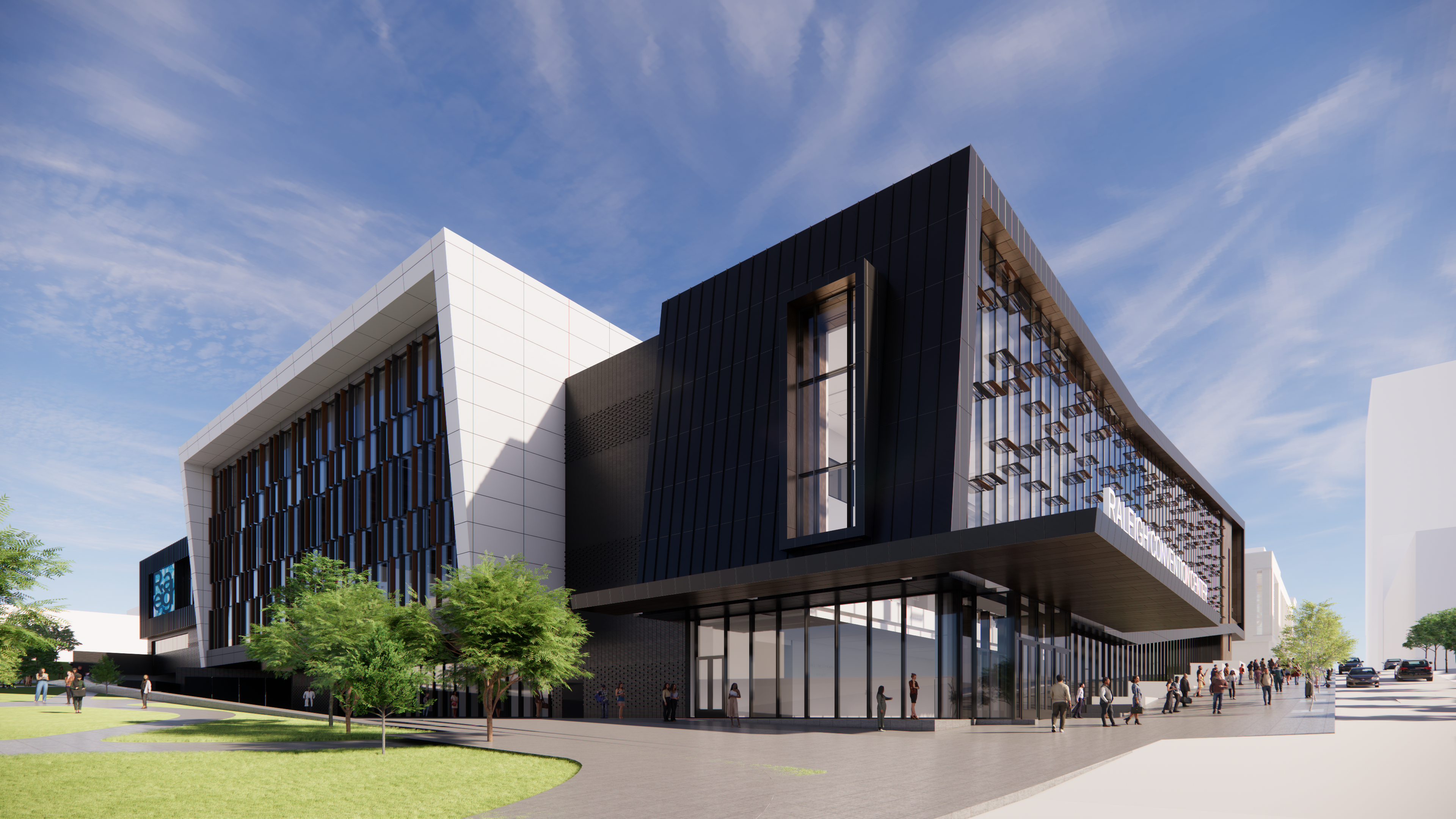 Rendering of the southwest corner exterior of the Raleigh Convention Center expansion