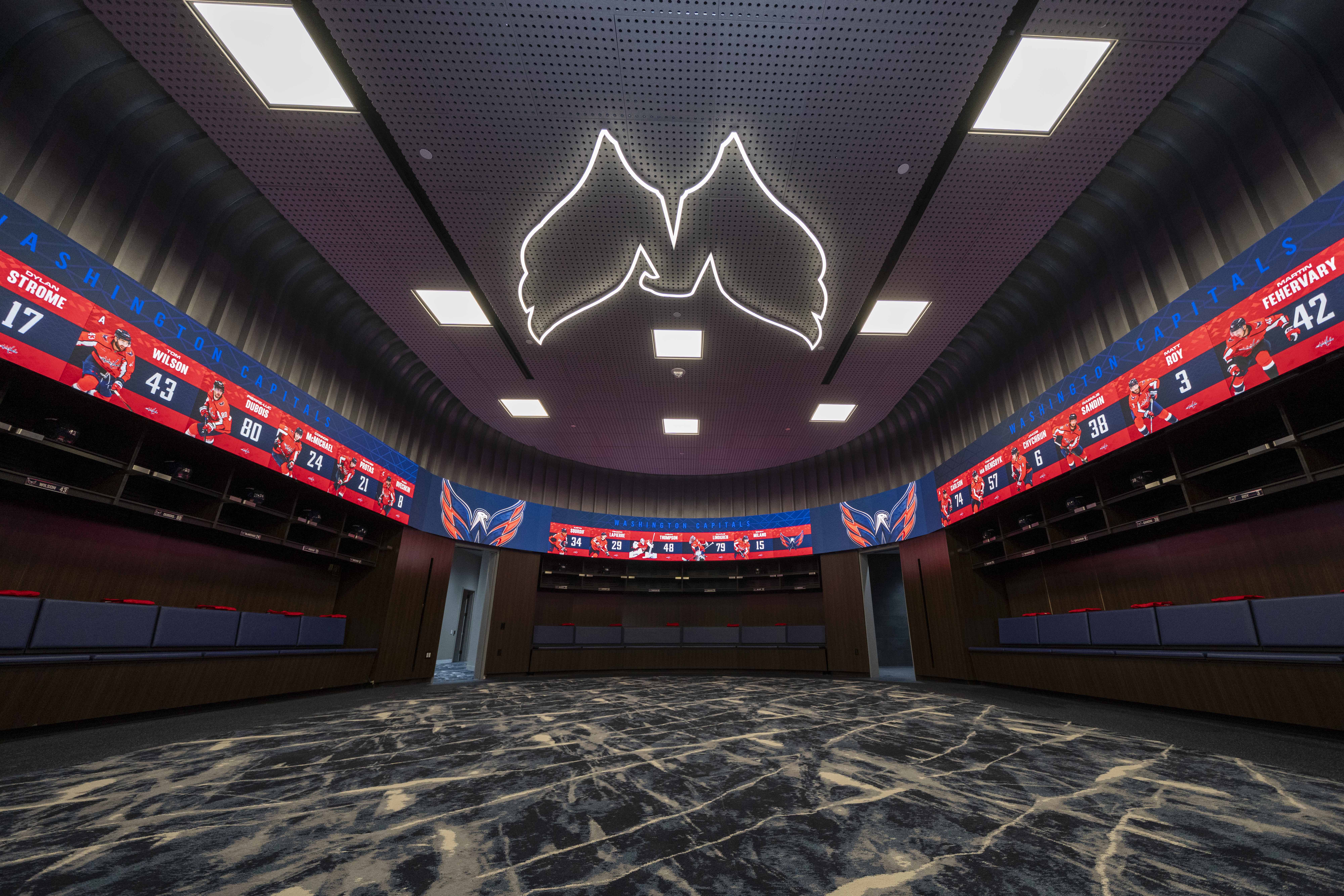 Locker room with players' names and numbers at each locker