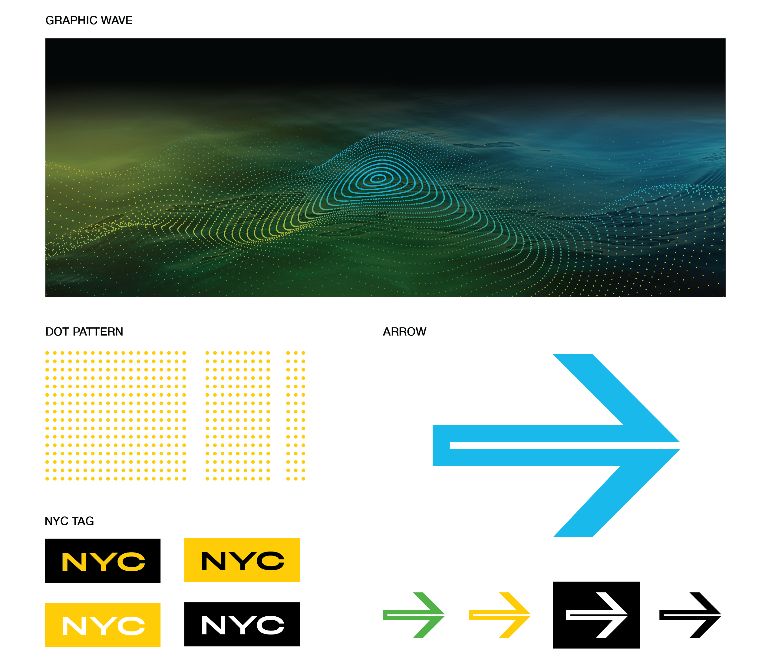 New brand elements include graphic wave, dots, arrows, and NYC tag