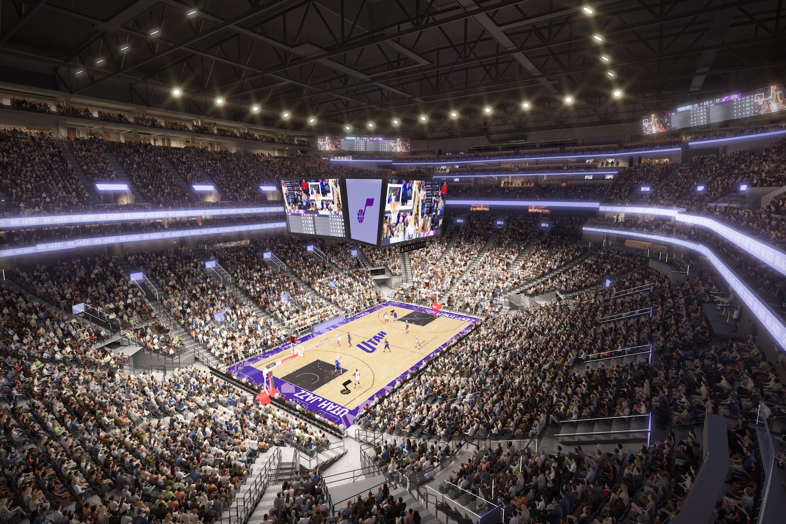 arena with basketball court in center